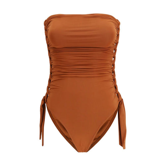 Brown Polyester One-Piece Swimsuit