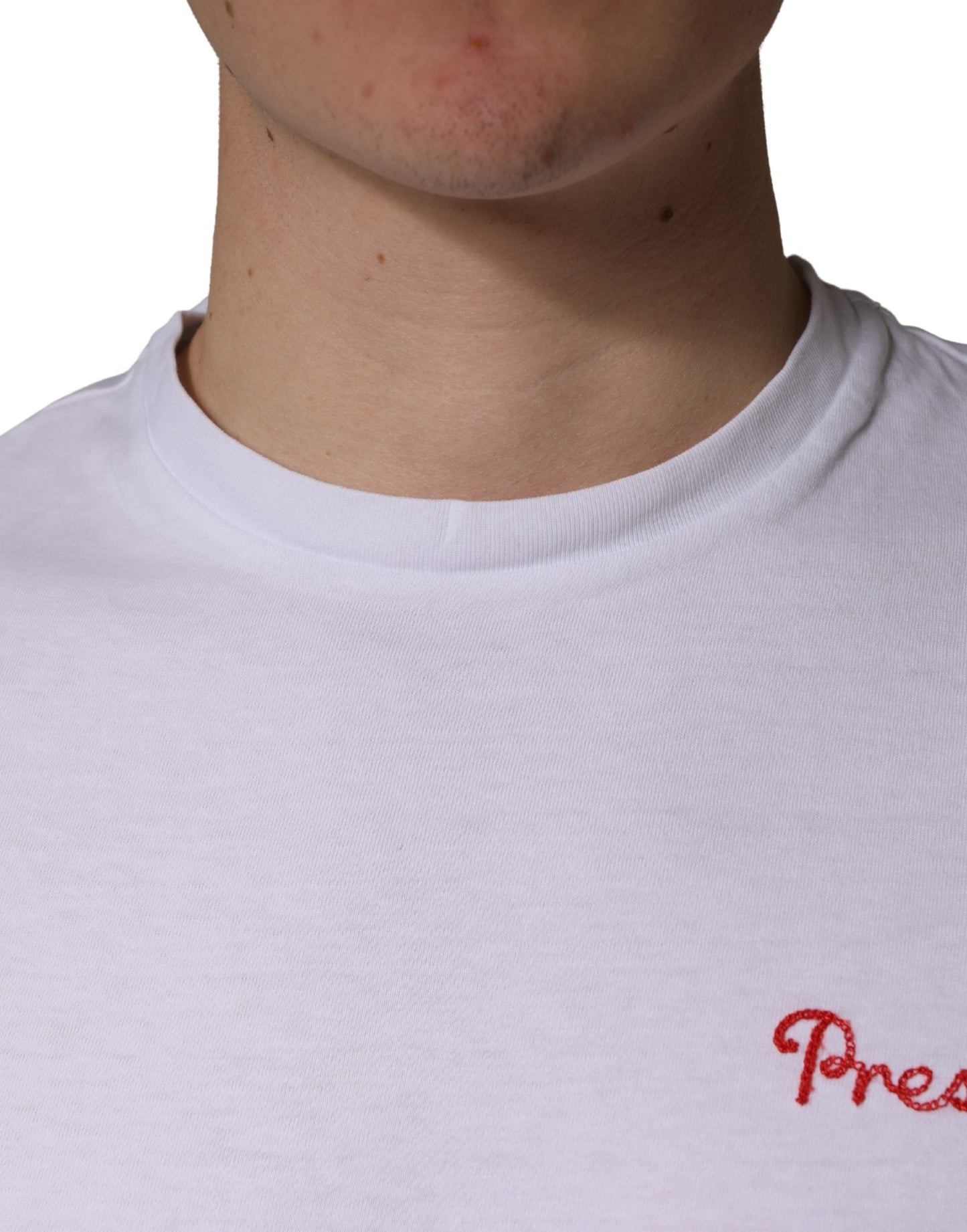 White Logo Embroidery Cotton Men Crew Neck T-shirt
