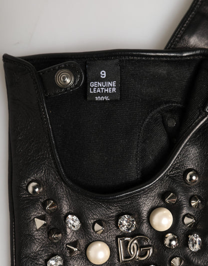 Black Embellished Wrist Length Mitten Women Gloves