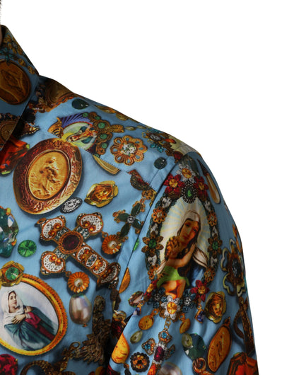 Blue Cotton Jewel Print Button Down GOLD Shirt