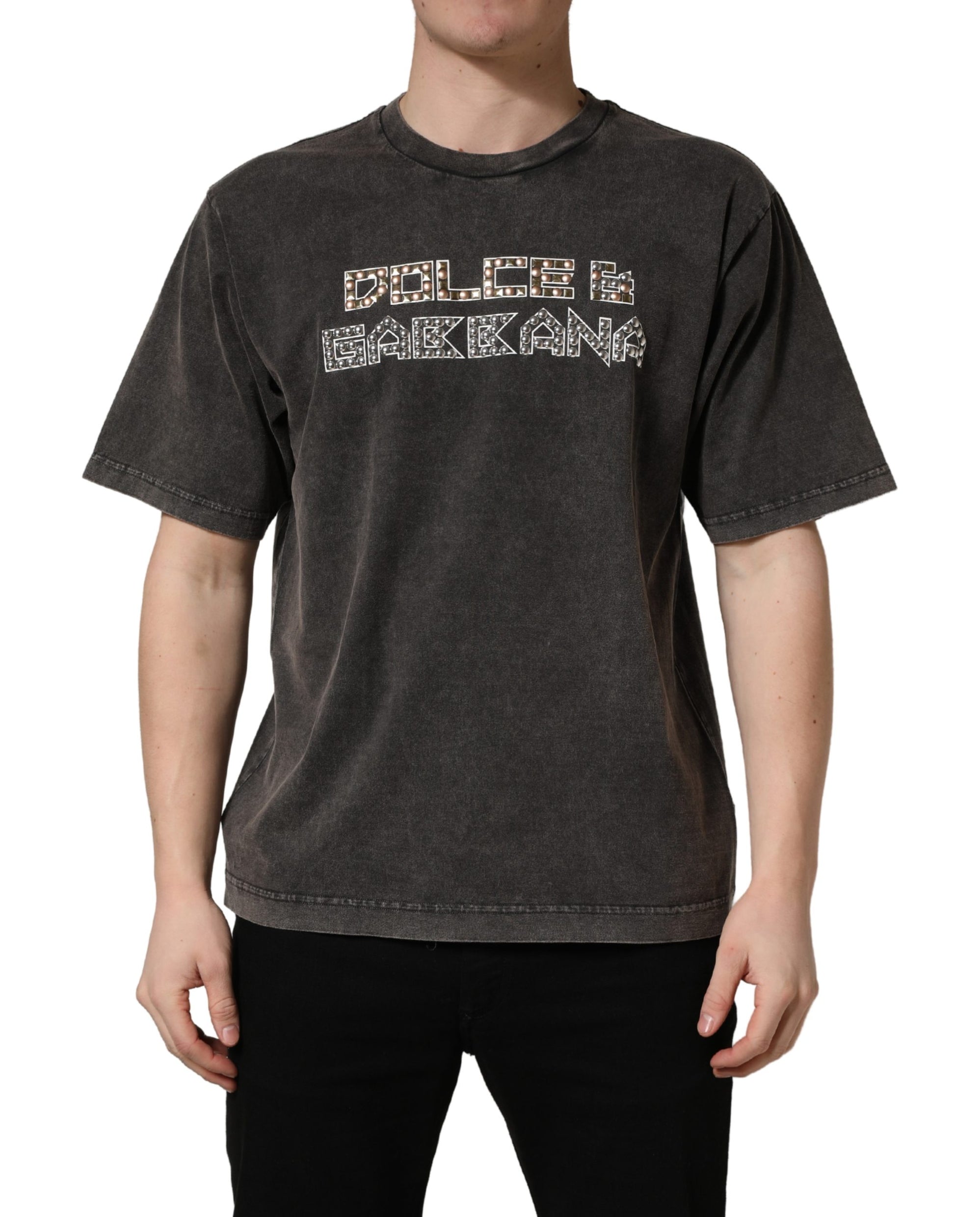 Gray Logo Embellished Men Crew Neck T-shirt