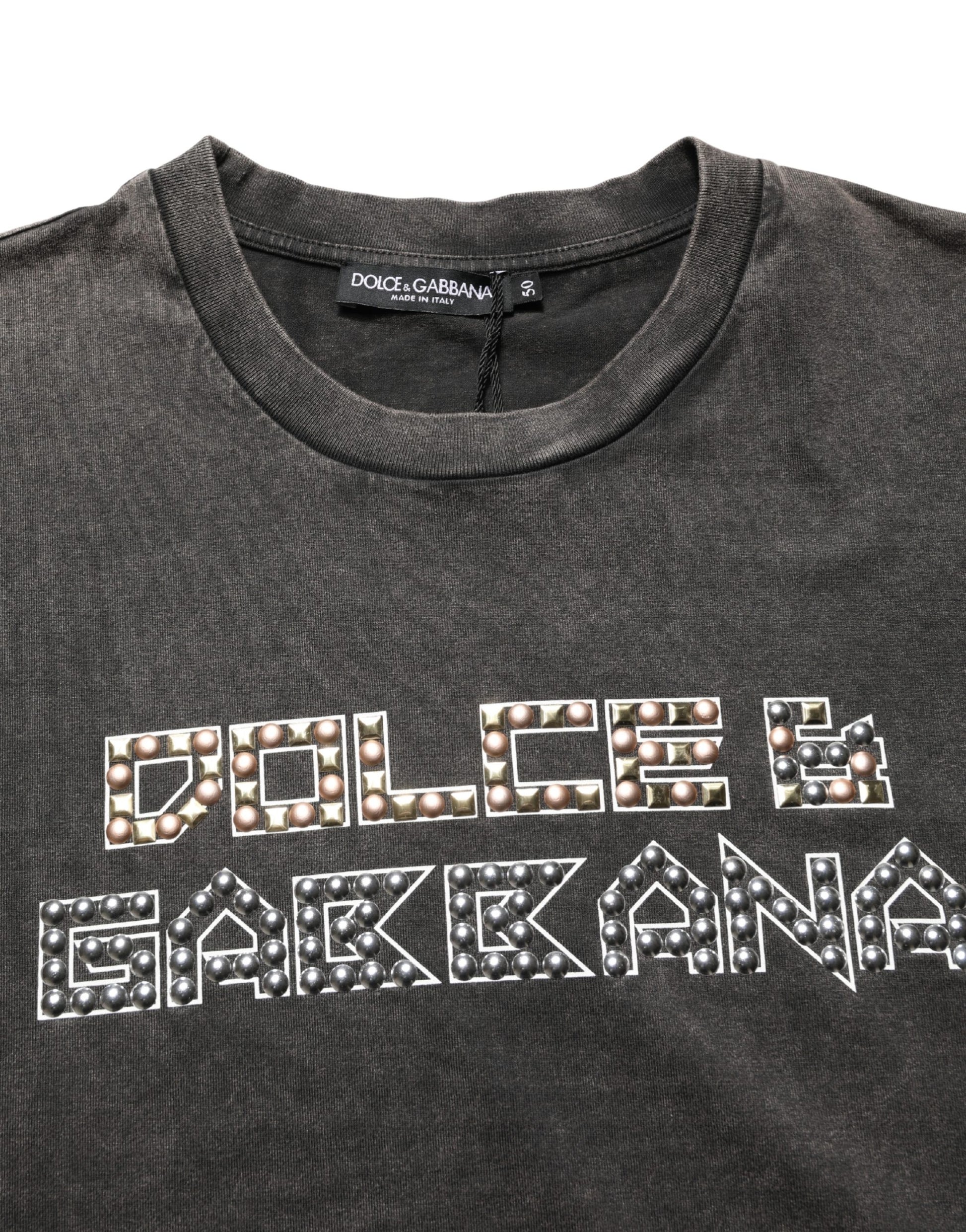 Gray Logo Embellished Men Crew Neck T-shirt