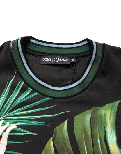 Black Bird Print Cotton Men Crew Neck T-shirt