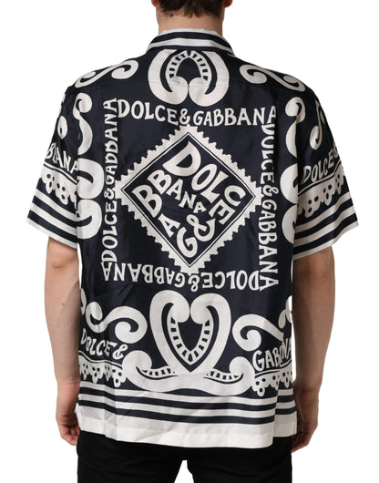 Black White Marina Print Silk Hawaii Shirt