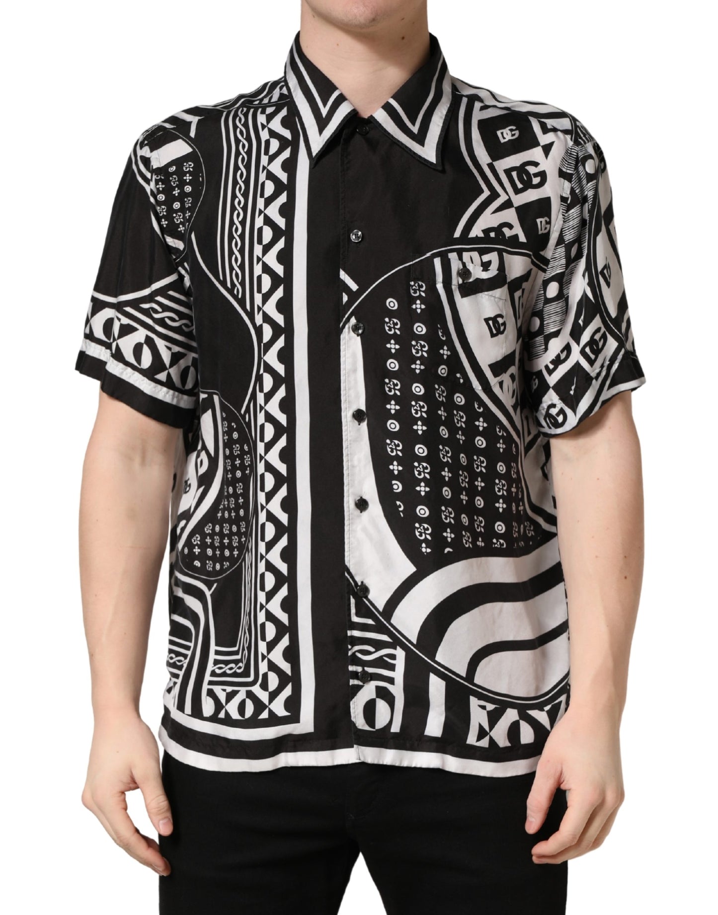 Black White Bandana Print Collared Shirt