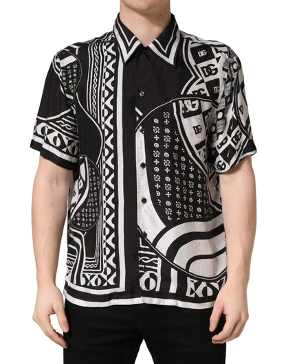 Black White Bandana Print Collared Shirt