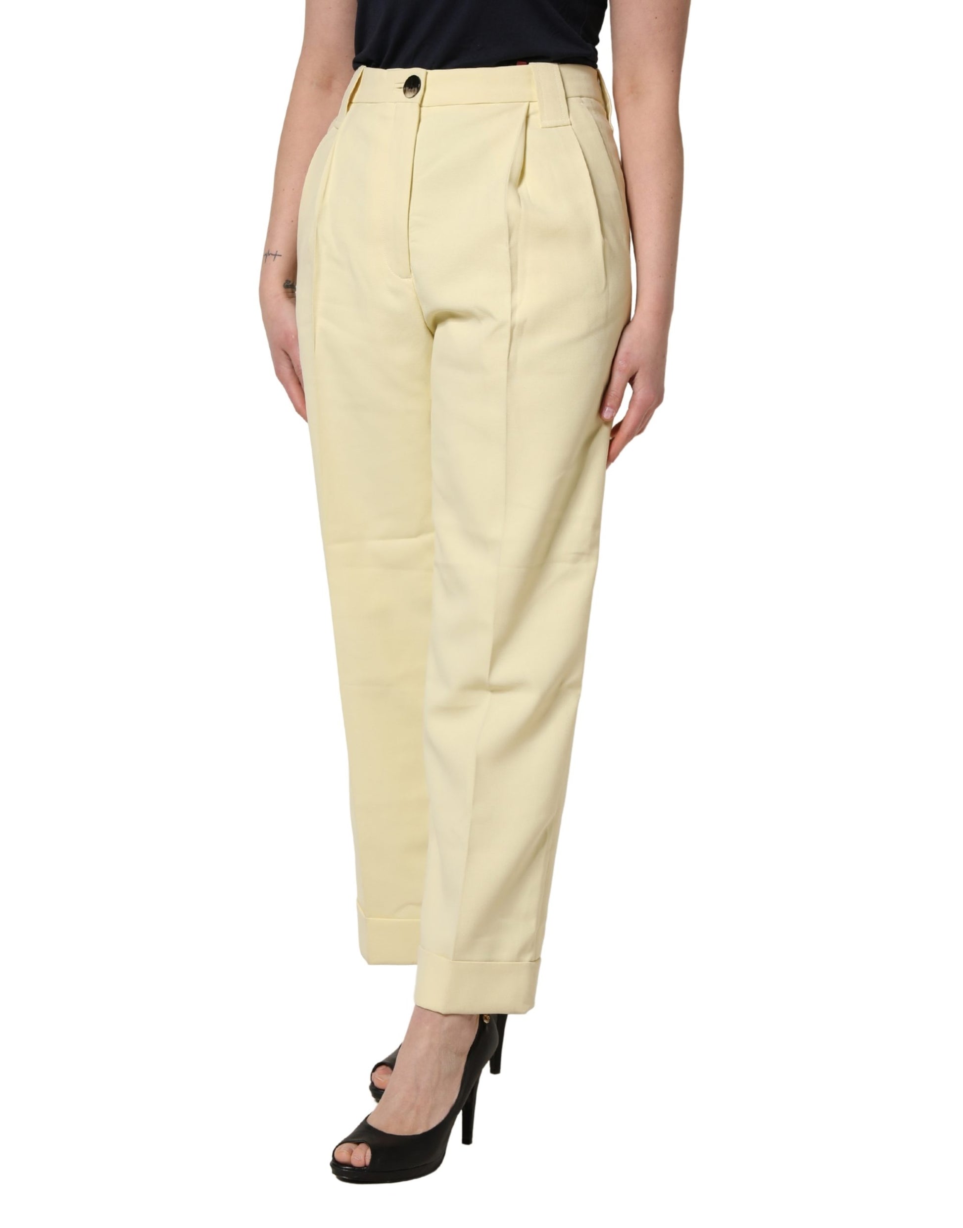 Yellow High Waisted Straight Pleated Trouser Pants