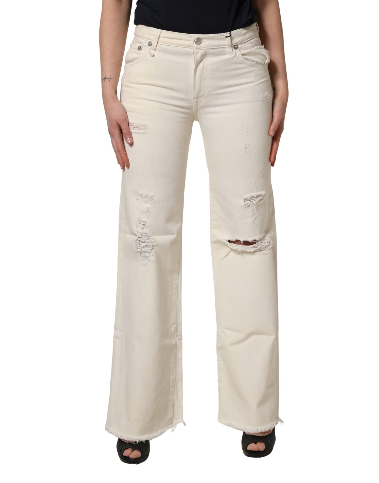 Mid Waisted Bootcut Tattered Denim Trouser Jeans