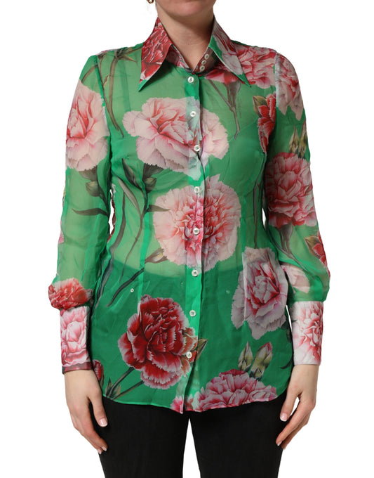 Green CarnationPrint Silk Collared Blouse Top