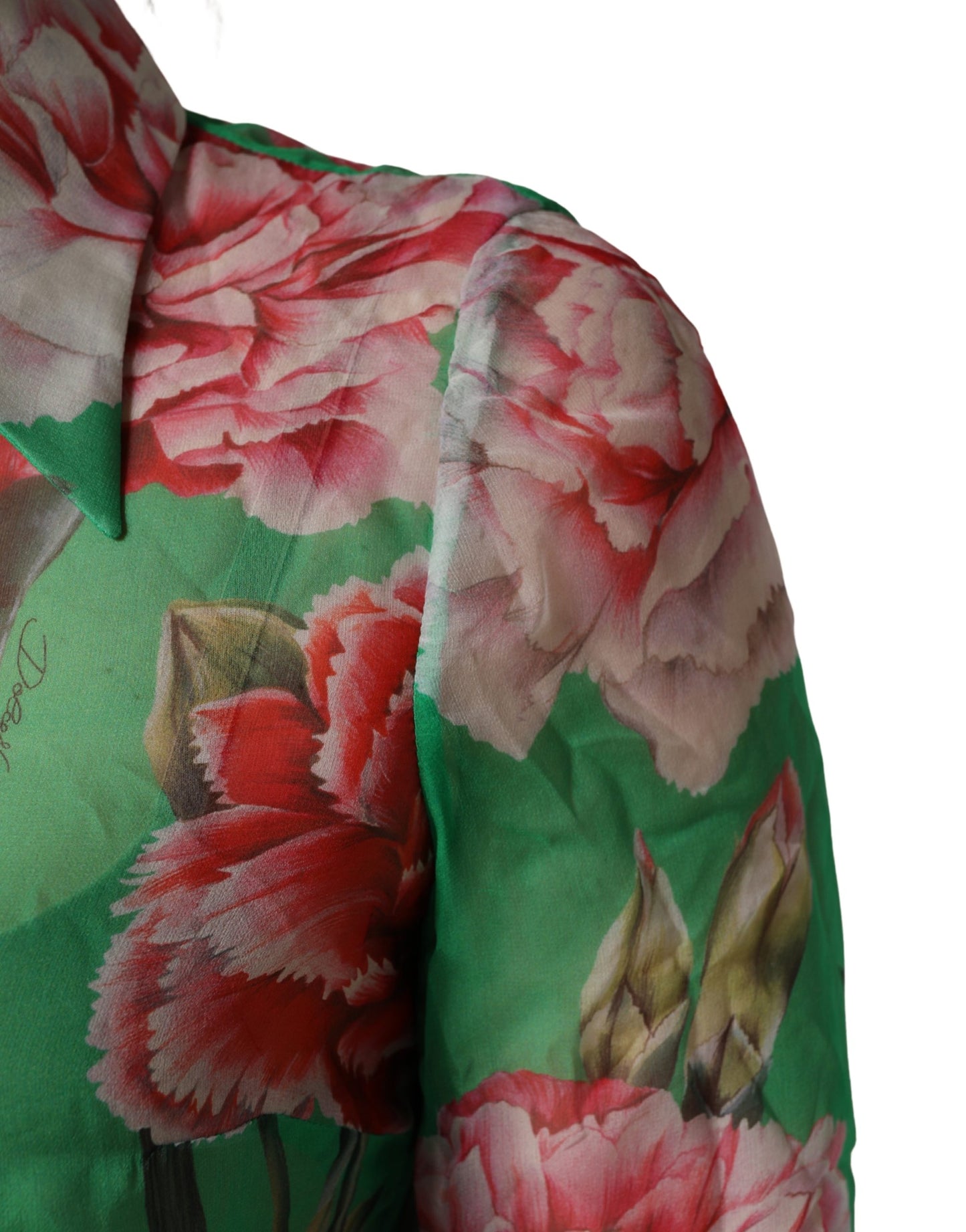 Green CarnationPrint Silk Collared Blouse Top