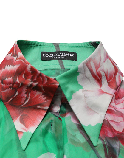 Green CarnationPrint Silk Collared Blouse Top