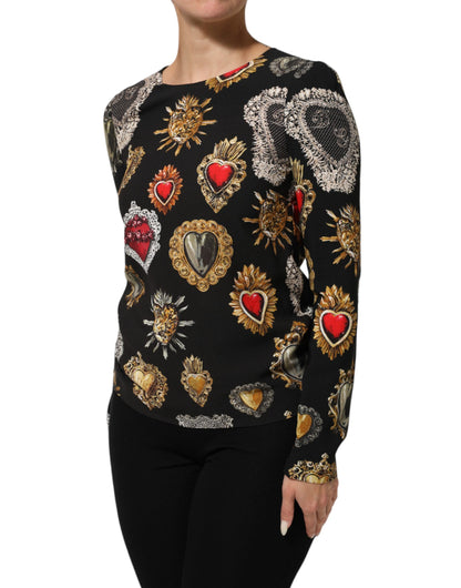 Black Sacred Heart Print LongSleeve Blouse Top