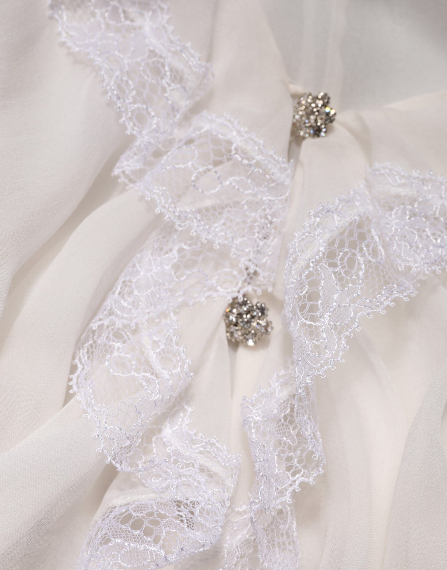 White LongSleeve Lace Trim Ruffled Blouse Top