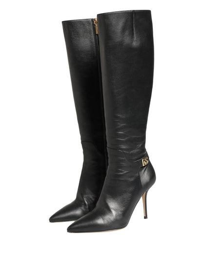 Black Leather Heels Knee High Boots Shoes