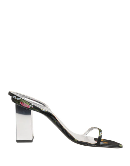 Black Silver Floral Block Heels Sandals Shoes
