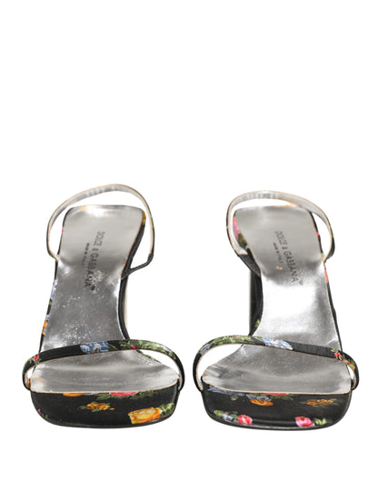 Black Silver Floral Block Heels Sandals Shoes