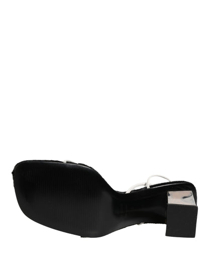 Silver Black Leather Block Heels Sandals Shoes
