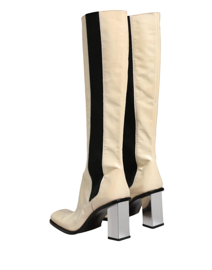 White Black Leather Knee High Boots Shoes