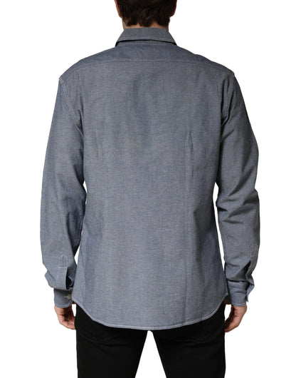 Dark Blue Slim Fit Collared Long Sleeve Denim Shirt