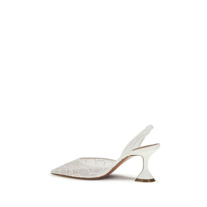 White Fabric Mid Heel Pumps