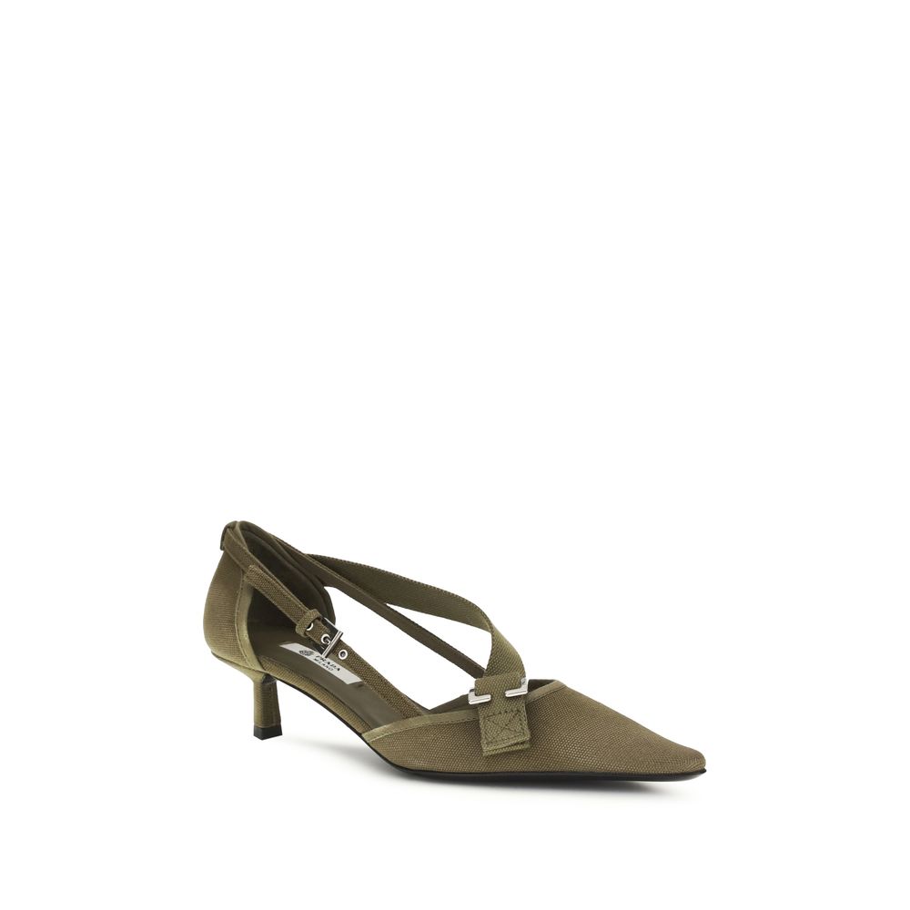 Bicolor Cotton Mid Heel Pumps