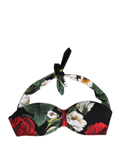 Black Floral Padded Halter Bikini Top Swimwear