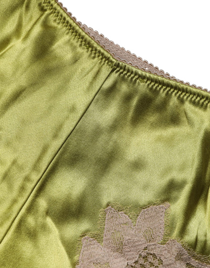 Underwear Green Silk Satin Floral Lace Panty Brief