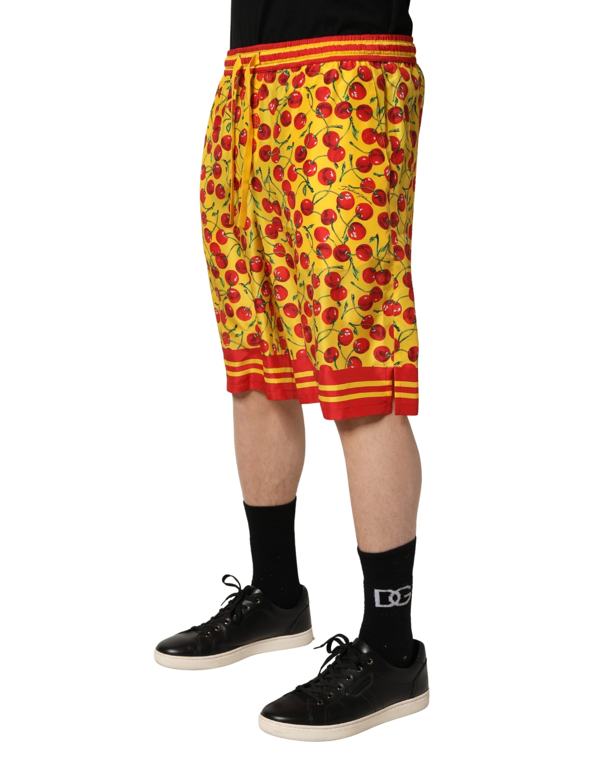 Yellow Red Cherry Print Silk Bermuda Shorts
