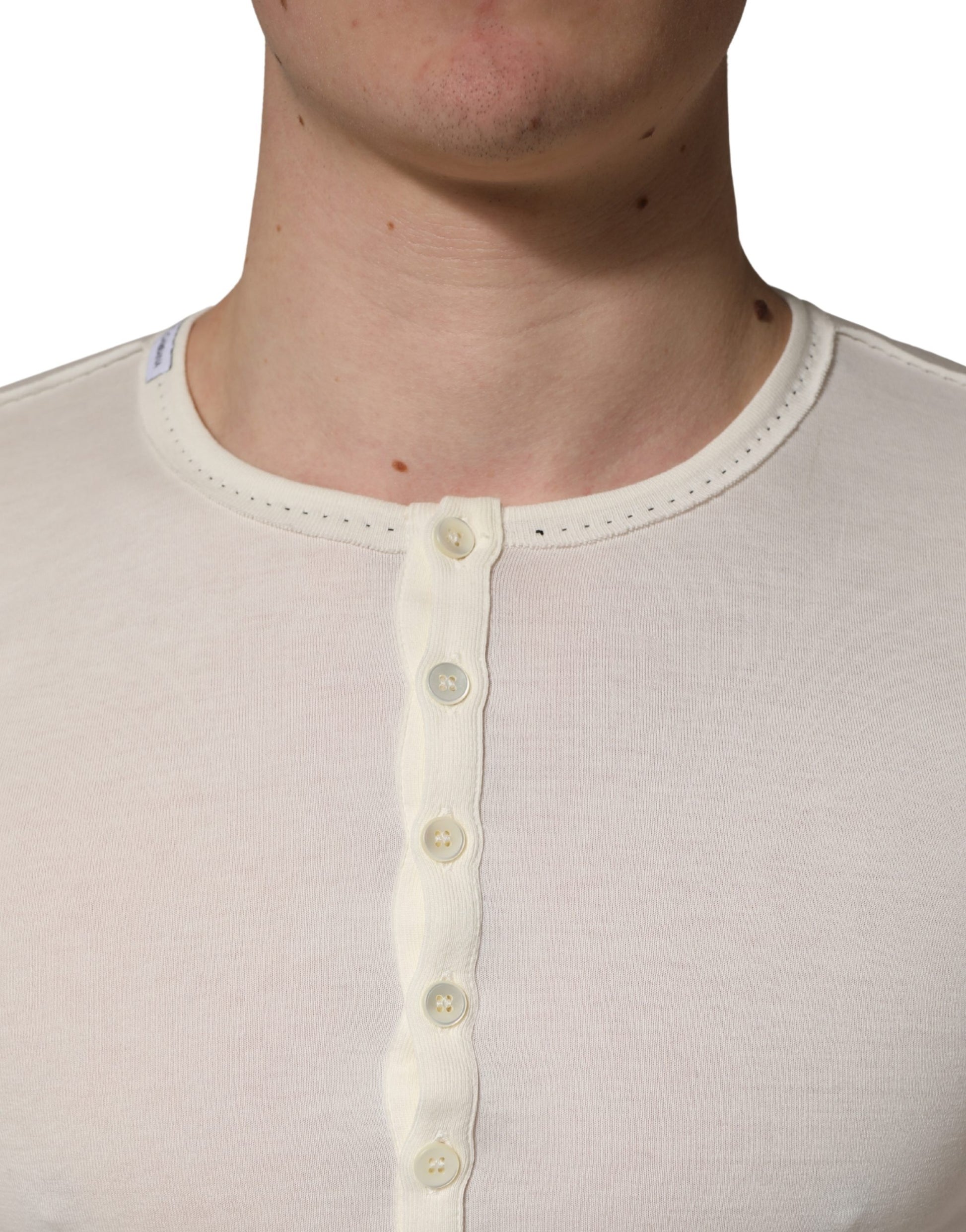 White Long Sleeves Henley Pullover Sweater