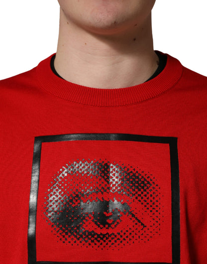 Red Eye Print Crew Neck Pullover Sweater