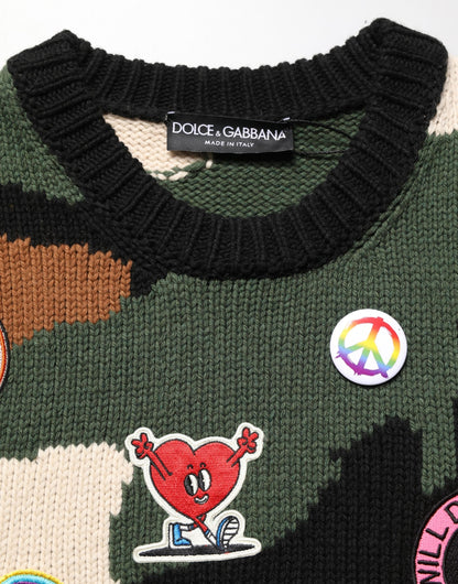 Multicolor Intarsia Knit Camouflage Pullover Sweater