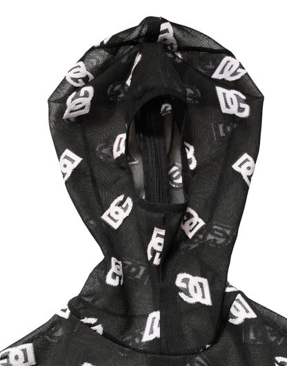 Black White Logo Print Hooded Jumpsuit Dress