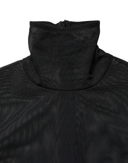 Black Nylon Sheer Turtleneck Jumpsuit Dress