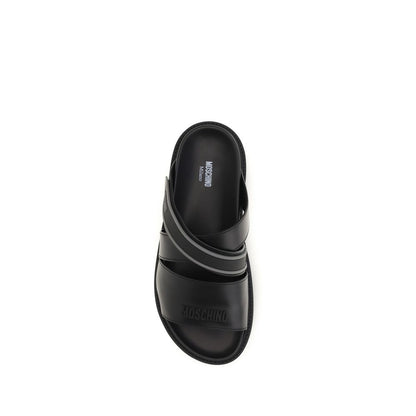 Black Calf Leather Bos Taurus Flat Sandals