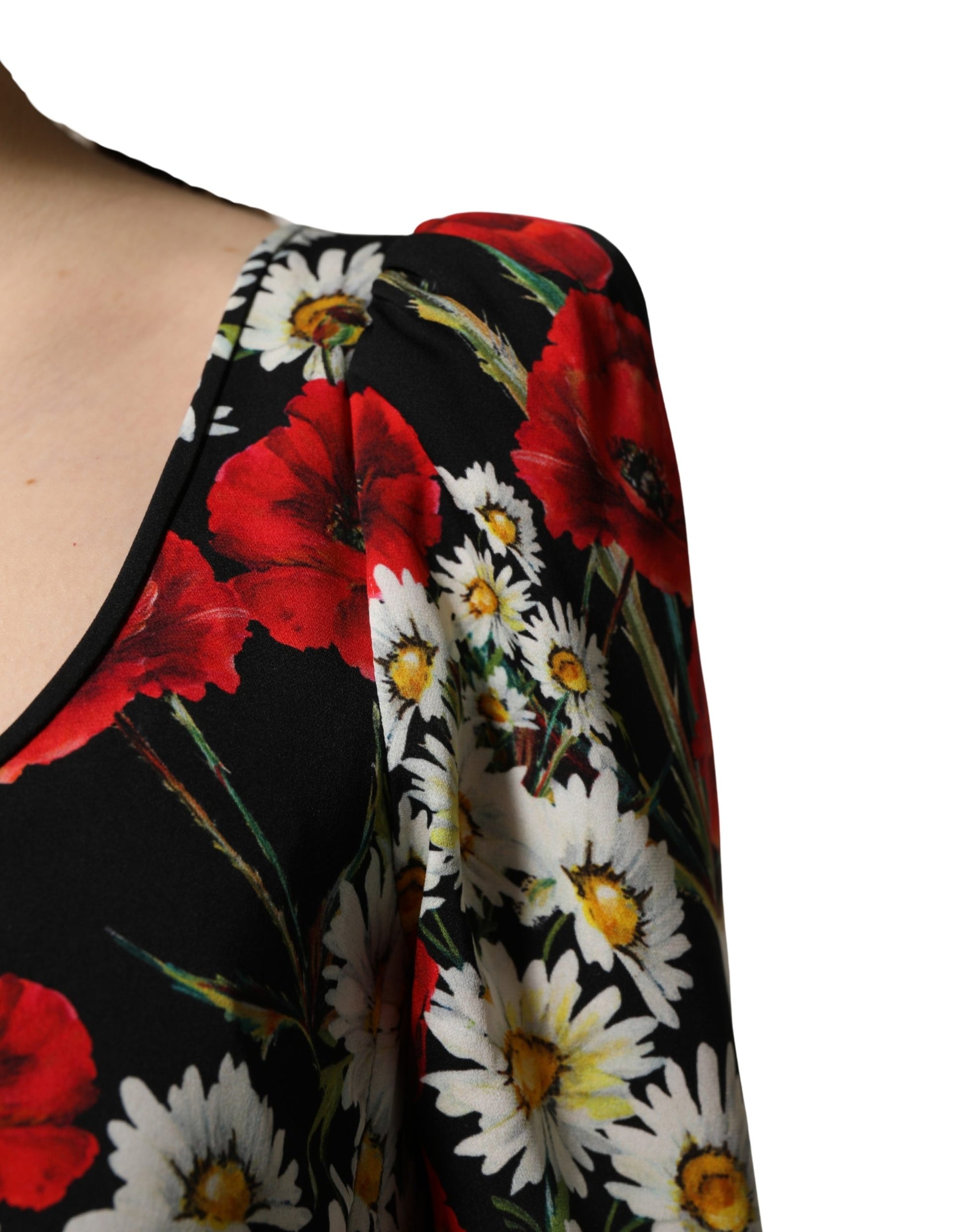 Black Floral Silk Long Sleeves Gown Dress