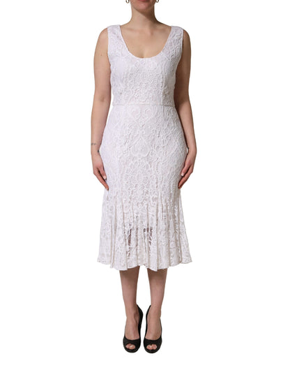 White Floral Lace Sleeveless Midi Dress