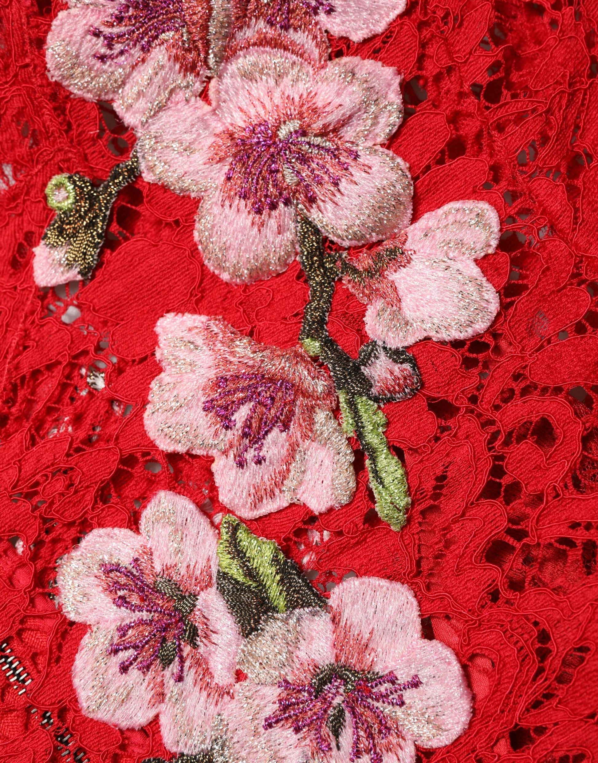 Red Lace Floral Embroidery Long Sleeves Top