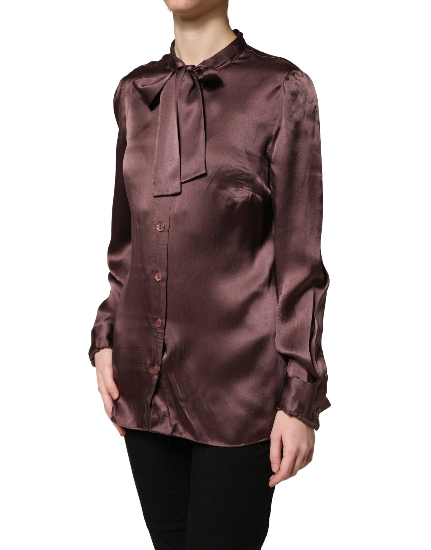 Violet Satin Long Sleeve Ascot Tie Shirt Top