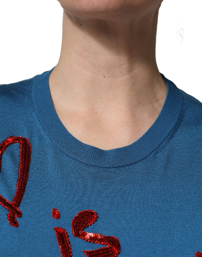 Blue Silk Sequined CrewNeck Pullover Sweater