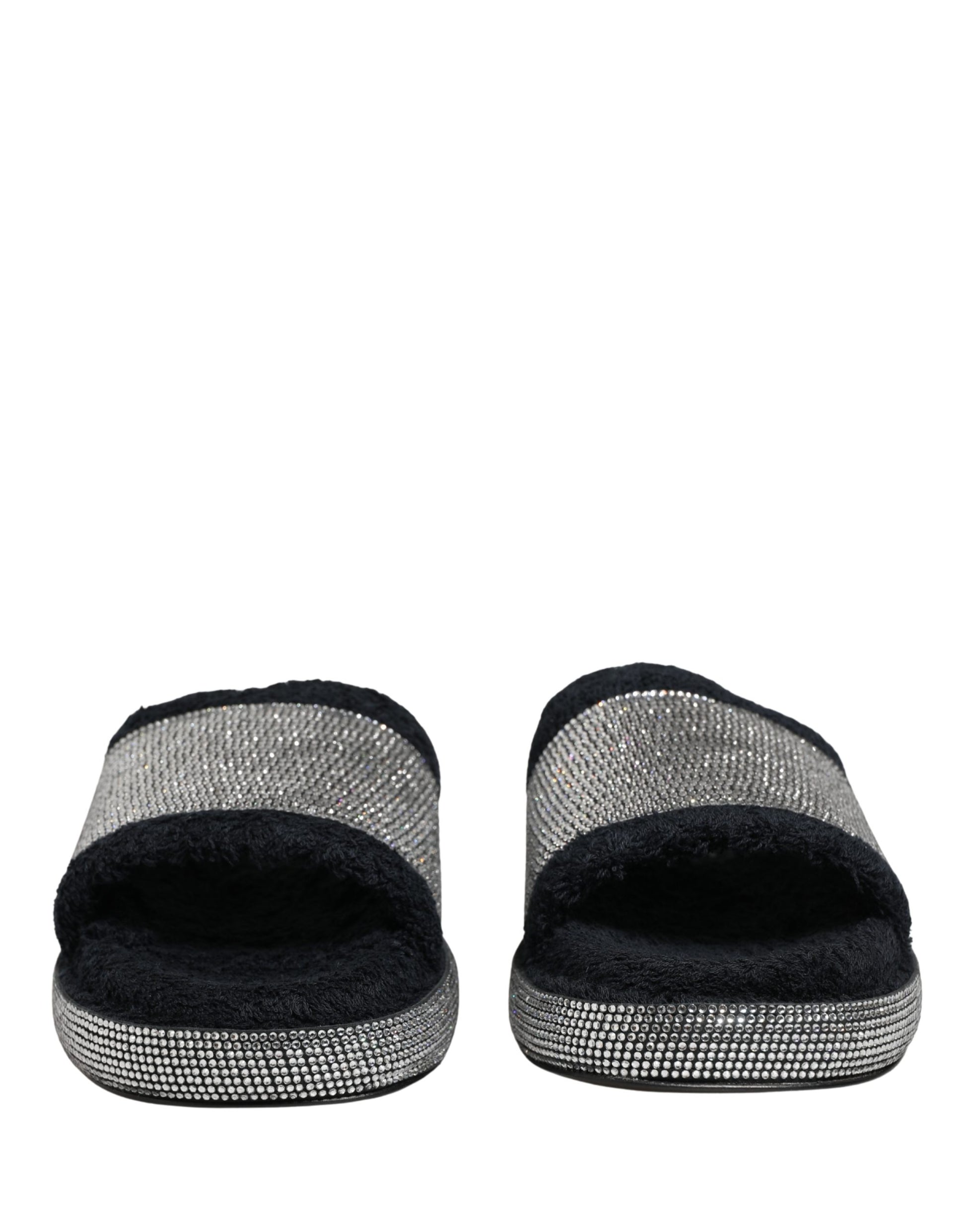 Black Crystal Embellished Platform Slides Shoes