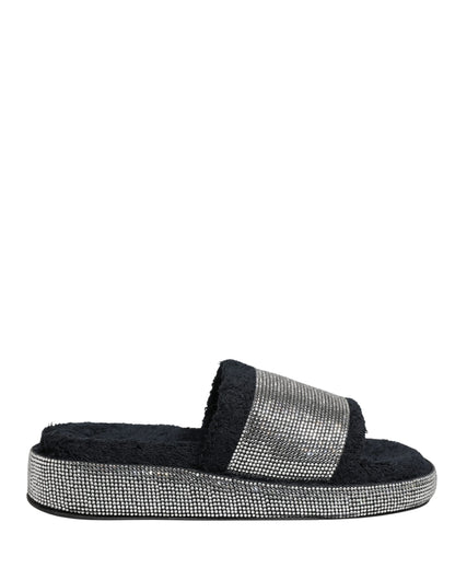 Black Crystal Embellished Platform Slides Shoes