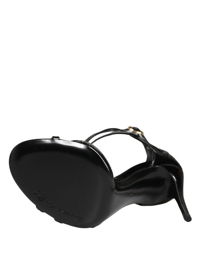 Black Leather Stiletto Heel Sandals Shoes