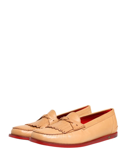 Beige Tassel Leather Men Slip On Loafers Shoes