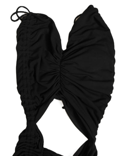 Black Jersey Calf Length Cut-Out Ruched Dress