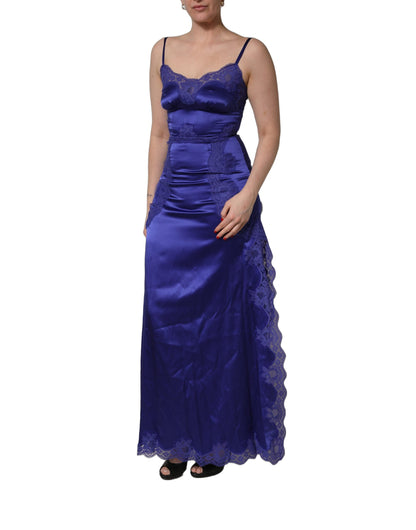 Blue Sleeveless Lace Trim A-line Gown Dress
