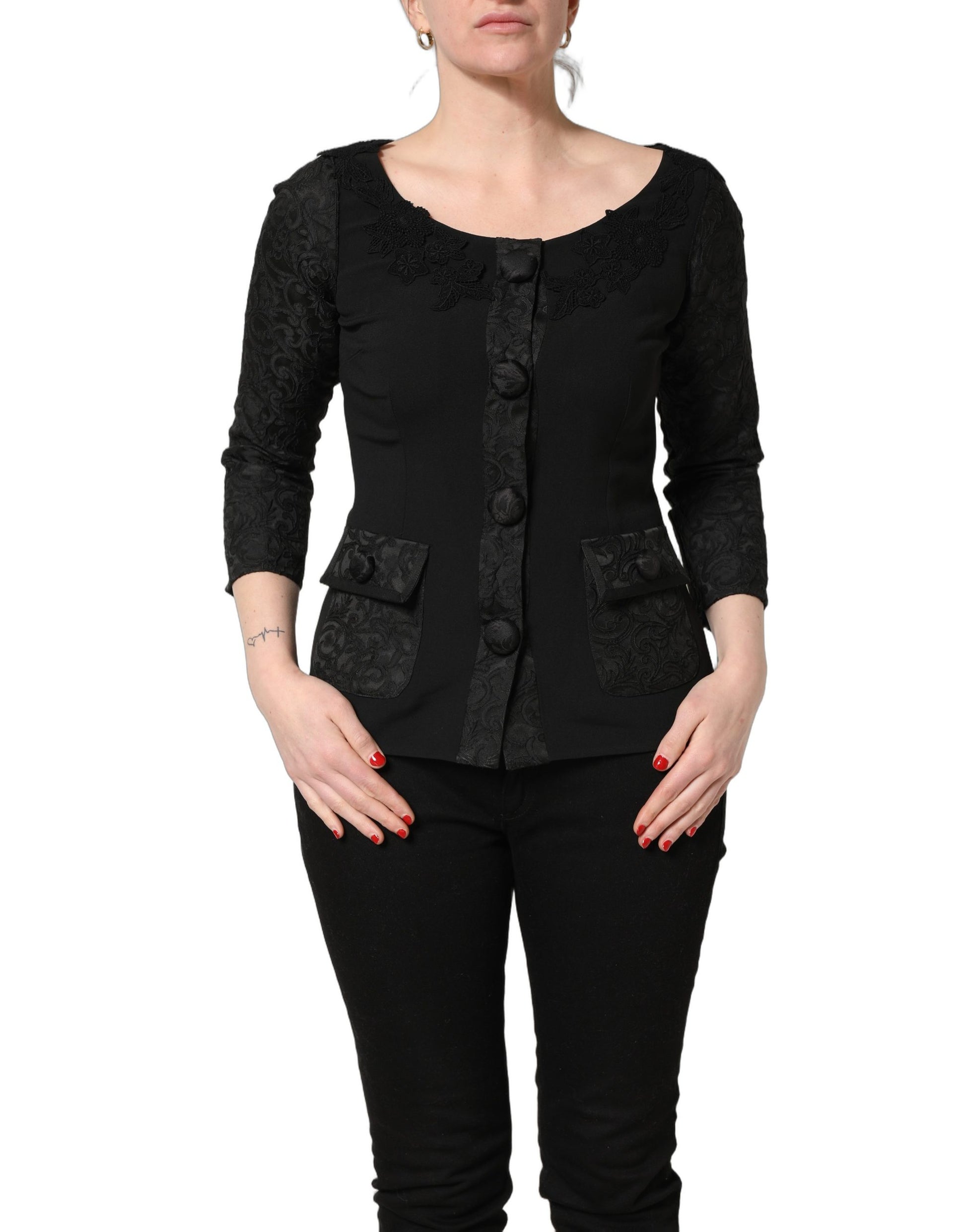 Dark Gray Button Fastening Lace Trimmed Blazer Jacket
