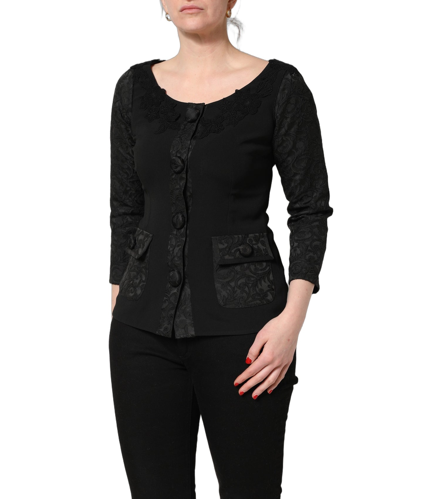 Dark Gray Button Fastening Lace Trimmed Blazer Jacket