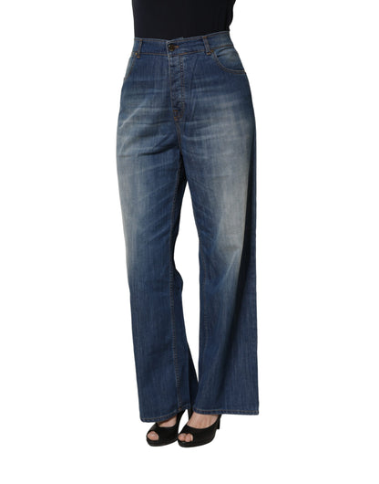 Blue Washed High Waist Wide Leg Denim Cotton Stretch Jeans