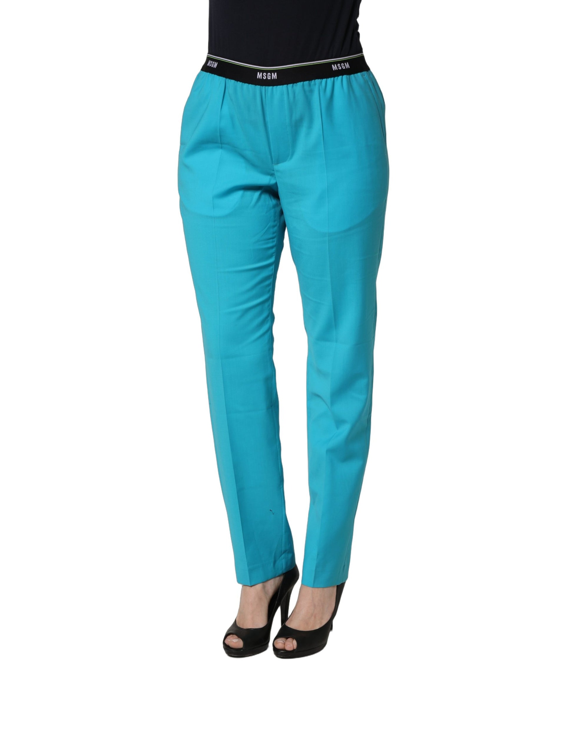 Blue Wool Mid Waist Tapered Women Trouser Pants