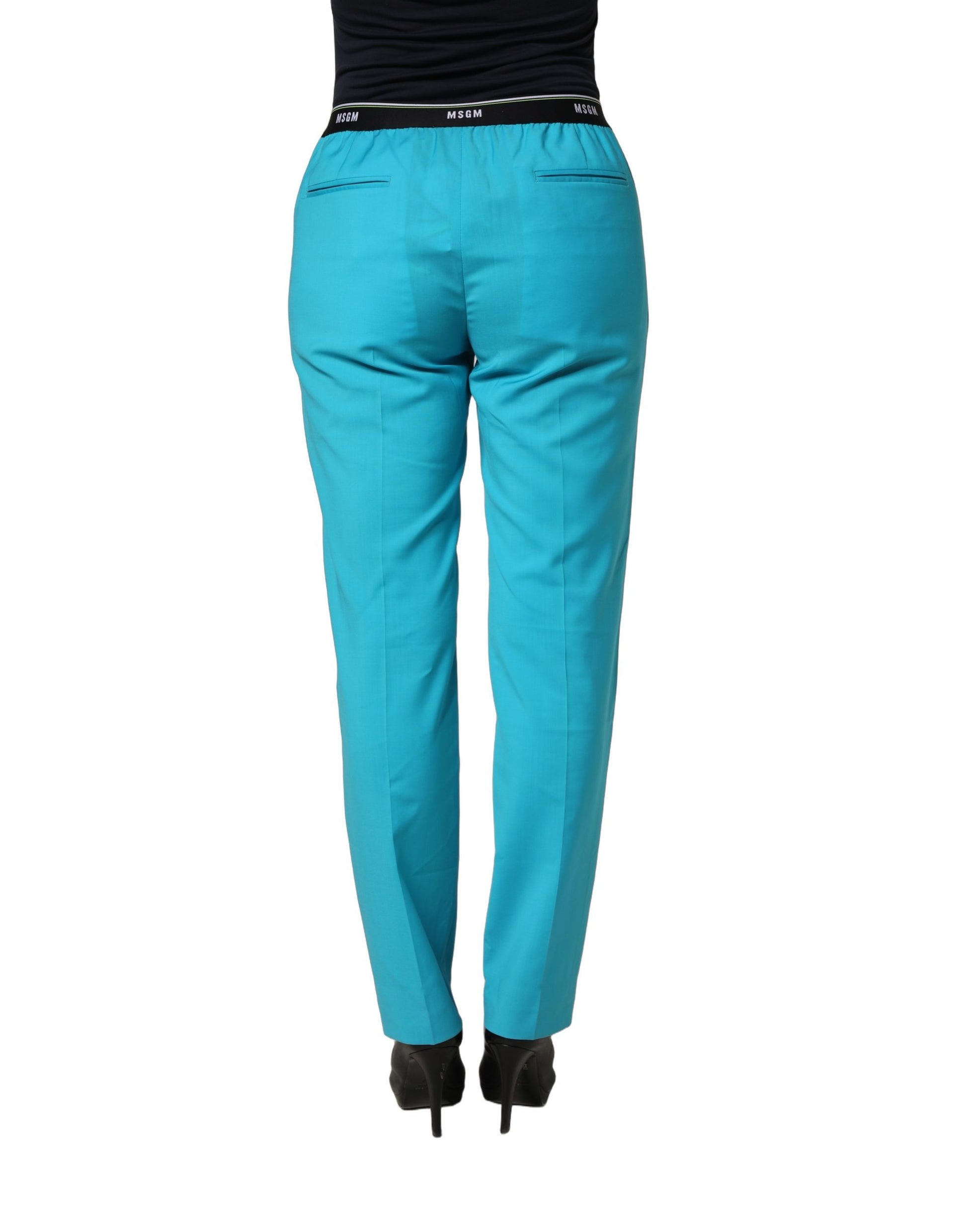 Blue Wool Mid Waist Tapered Women Trouser Pants